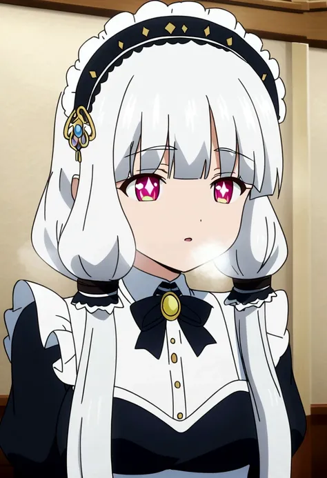 dragon horns, heavy breathing, white hair, pupils sparkling, maid headdress, anime style, tachi-e