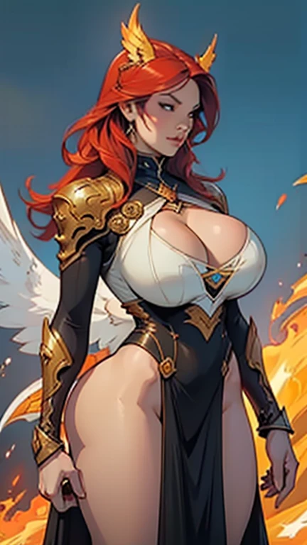 A woman (curvaceous, colossal cleavage:1.5, massive breasts:2.0, long hair:1.5) with a fire and flames on her body, with fiery golden wings of flame, with fiery golden wings, epic fantasy art style, concept art | artgerm, phoenix warrior, extremely detaile...