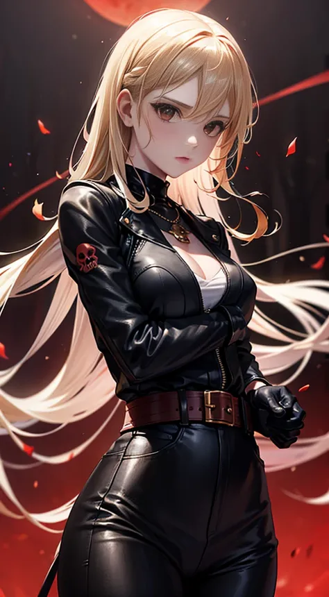 Ezvian Everywhere, highest quality, 4K，Exquisitely rendered skin, Shiny skin, Shiny Hair, Pale complexion，Big Same), 　The sky turns red,　Red Moon， in the forest, ((Skull Mark)), ambitious, Captivating woman,  Long blonde, Hair blowing in the wind,  Intrica...