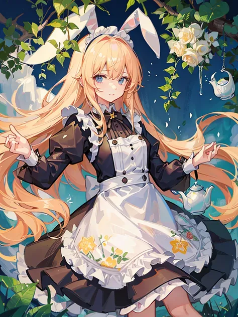 A girl surrounded by lots of flowers、Bunny ears、Blonde、long hair、Maid clothes、Have a teapot、Highest品質, High definition, Ultra-fine, Highest_detailed