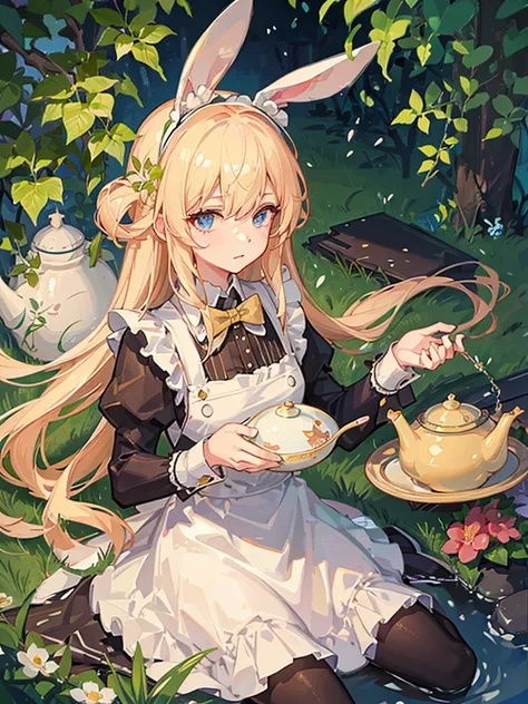 A girl surrounded by lots of flowers、Bunny ears、Blonde、long hair、Maid clothes、Have a teapot、Highest品質, High definition, Ultra-fine, Highest_detailed