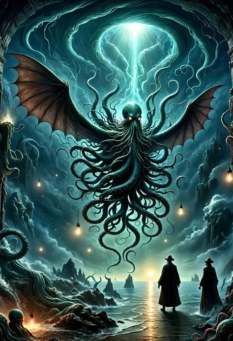 a terrifying ancient eldritch entity, cthulhu mythos, cosmic horror, long tentacles, wings, divine and demonic form, cloak, cont...