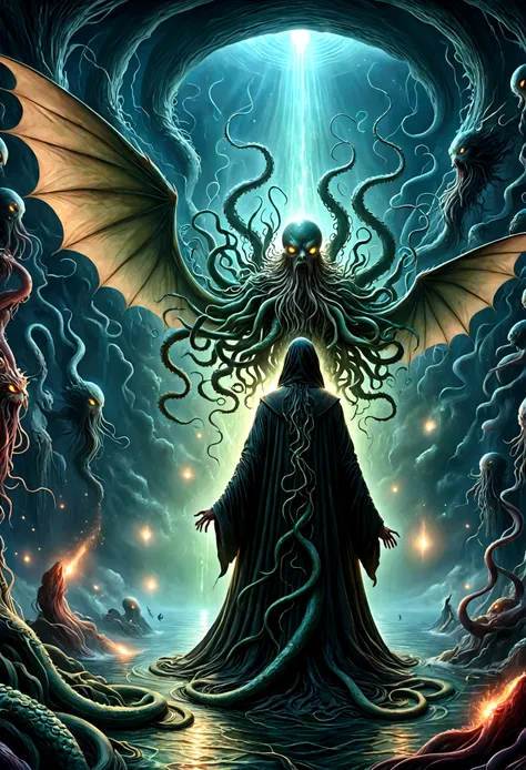 a terrifying ancient eldritch entity, cthulhu mythos, cosmic horror, long tentacles, wings, divine and demonic form, cloak, cont...