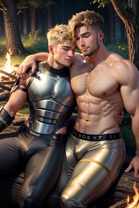 2 men, Photo-realistic. A pleased 24-year-old male, medieval warrior, with shaved blonde hair, stubble, and closed eyes, wearing sleeveless, metal armor, arm around, cuddling, kissing a smiling lovingly, 19-year-old, fit, handsome, medieval man with shaved...