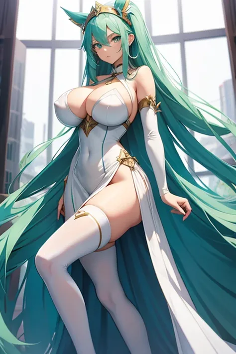 (girl1), (anime),(Super gigantic 290cm breasts: 1.5),white, with long green hair, an 18 year old woman, with white stockings and a sexy dress, wearing a heroine costume consisting of a white sleeveless swimsuit, white spiked gloves and metal plates on her ...