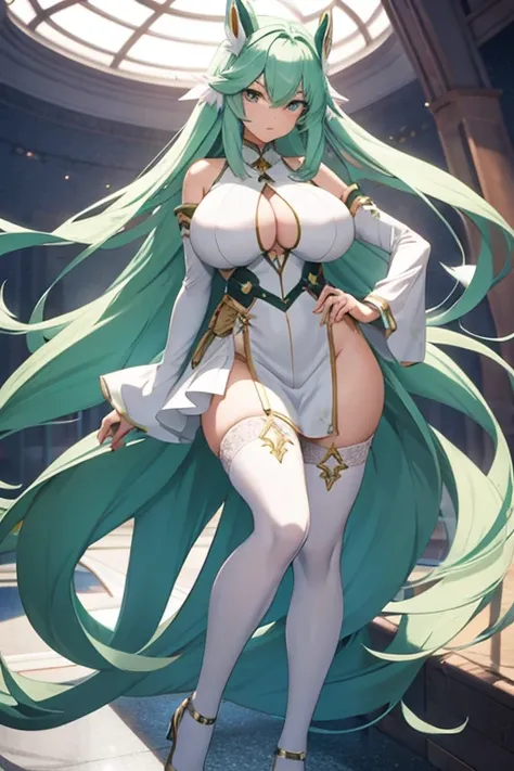 (girl1), (anime),(Super gigantic 290cm breasts: 1.5),white, with long green hair, an 18 year old woman, with white stockings and a sexy dress, wearing a heroine costume consisting of a white sleeveless swimsuit, white spiked gloves and metal plates on her ...