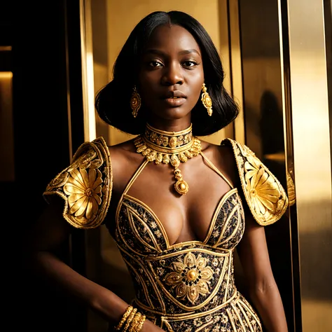 35mm film photography, Dramatic, front-view street portrait of a Nigerian woman in magnificent Versace haute couture, depicted as a powerful superhero in front of the Lacerda elevator. Meticulously detailed facial features and ornate, intricate clothing, i...