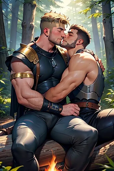 2 men, Photo-realistic. A pleased 24-year-old male, medieval warrior, with shaved blonde hair, stubble, and closed eyes, wearing sleeveless, metal armor, arm around, cuddling, kissing a smiling lovingly, 19-year-old, fit, handsome, medieval man with shaved...