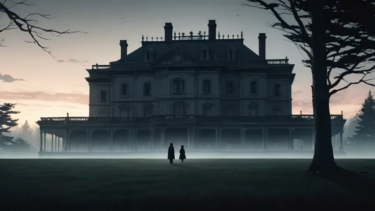 a family silhouetted in front of a grand mansion, vast lawn surrounding, eerie and unsettling atmosphere, anime style, ultra-detailed, 8k, photorealistic, cinematic lighting, dramatic shadows, muted color palette, moody and suspenseful