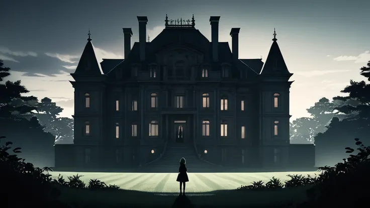 a family silhouetted in front of a grand mansion, vast lawn surrounding, eerie and unsettling atmosphere, anime style, ultra-detailed, 8k, photorealistic, cinematic lighting, dramatic shadows, muted color palette, moody and suspenseful