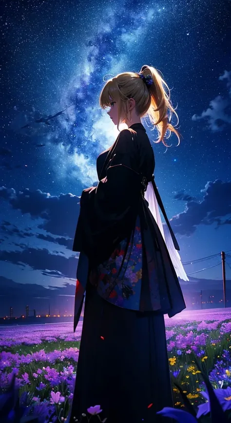 １people々々々々,Blonde ponytail female angel，Long coat， Dress Silhouette， Rear View，Space Sky, Flower Field，Colorful flowers，night，Crescent Moon，