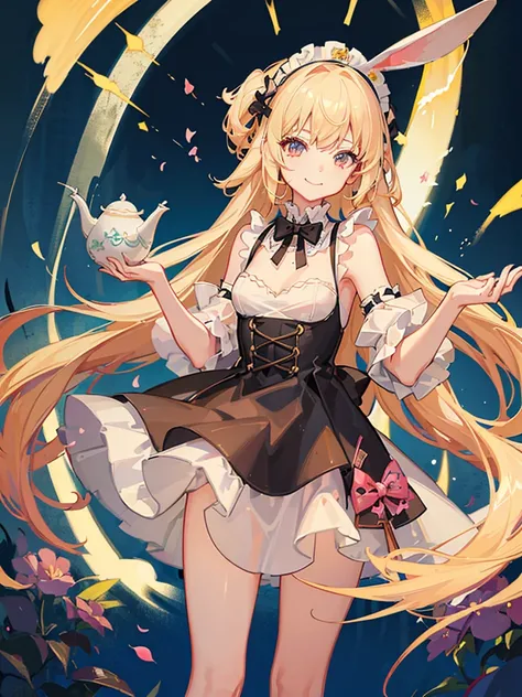 A girl surrounded by lots of flowers、Bunny ears、Blonde、long hair、Smile with your mouth closed、Maid clothes、Have a teapot、Standing pose、Highest品質, High definition, Ultra-fine, Highest_detailed