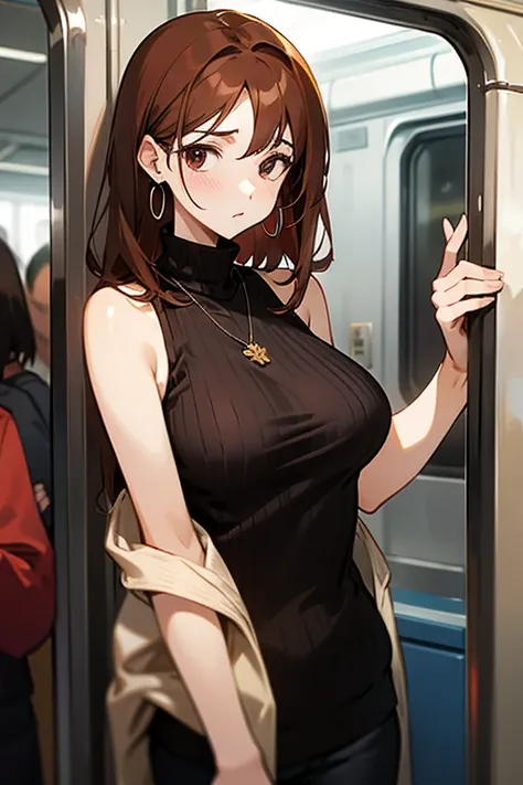 Reddish brown hair、Earrings、necklace、Sleeveless knitwear、Shoulder Bare、turtleneck、sexy、Cowboy Shot、In a crowded train、Disheveled clothing、Office casual fashion、slender、Boobs claim