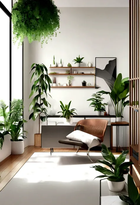 You are a famous interior designer，Ele foi contratado para criar uma imagem em close-up 3D de um grande estudo moderno，desfoque da lente， Create a harmonious environment with modern and minimalist furniture. Some houseplants are included，Make it look fresh...