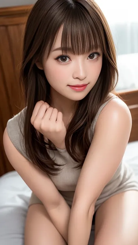 Tabletop、Super cute face、Good style、Natural Lip、Fair skin、Great light、Beautiful lighting、((Straight hair))、Brown Hair、Blunt bangs、smile、lying on bed, nipples visible, viewer can see female genitalia and nipples, front, baby face, smile, Full body figure, B...