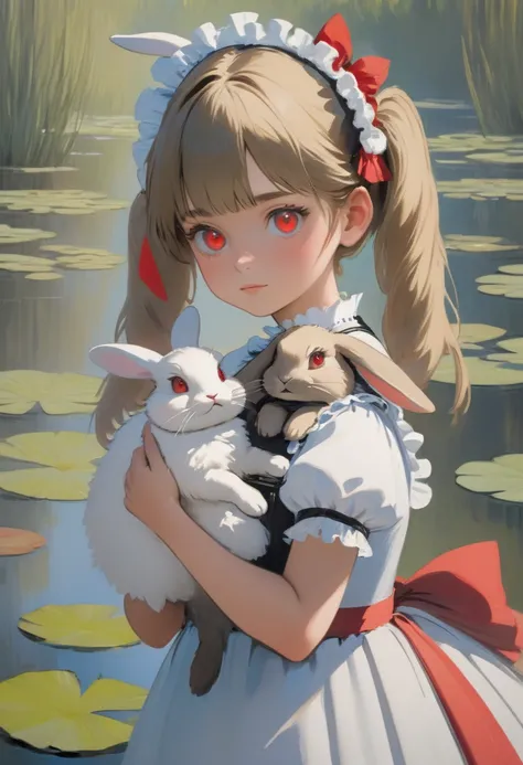 oil portrait of one girl, by Monet A girl with red twin tails wearing a maid outfit and holding a rabbit.girl has red eyes She is wearing a luxurious maid outfit with frills.Maids hair ornament on the head,cute A rabbit with gentle fur,depiction of a beaut...