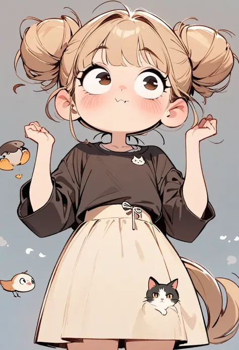 (masterpiece, best quality:1.2), 1 girl, Solitary，big eyes，A cute Chinese girl，shirt，Horse Face Skirt，birds in the air，Cartoon style character design，Exaggerated expression，Hair texture，Messy Bun，A cat，interesting，interesting，Clear lines