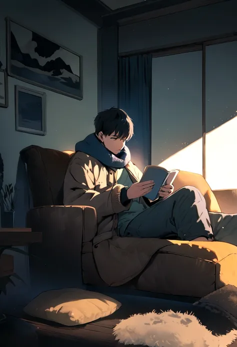 BOY, 20 years, black hair, winter clothes, sitting on the couch, reading, warm, in room, winter