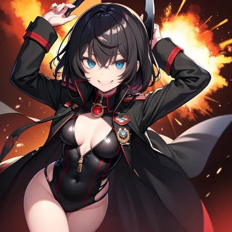 Degurechaff asked.。, military uniform jacket, Wearing a black high-cut swimsuit、Wicked Smile, Low length, Killer Eye, Psychoors, battlefield, explosion