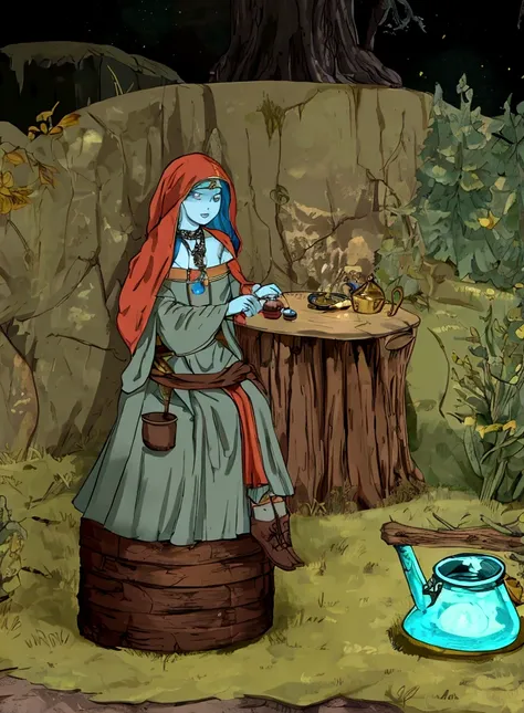 witch brewing a potion near a pot