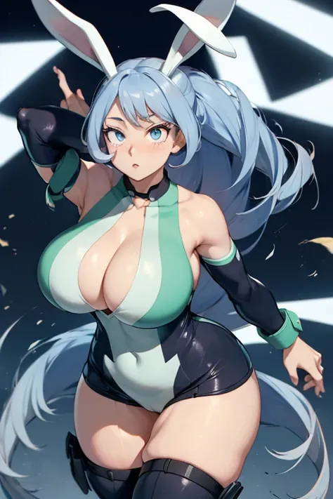 (nejire hado)/,(Character from the boku no hero academia series)/,(big breasts:1.5)/,(Wearing)/,+,(a sexual bunny outfit looking like a black hand that shows her legs and shows her shoulders and arms With bunny ears)/