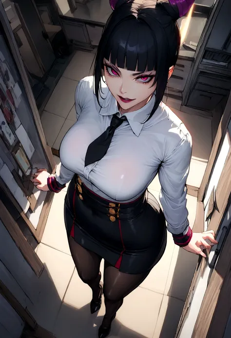 juri han, work of art, tight white secretary shirt with black tie, black high waist skirt, short skirt,stocking, black hair, black tights,evil smile,office,franja nos olhos,lighting,chifre de cabelos,view from above,olhando para baixo
