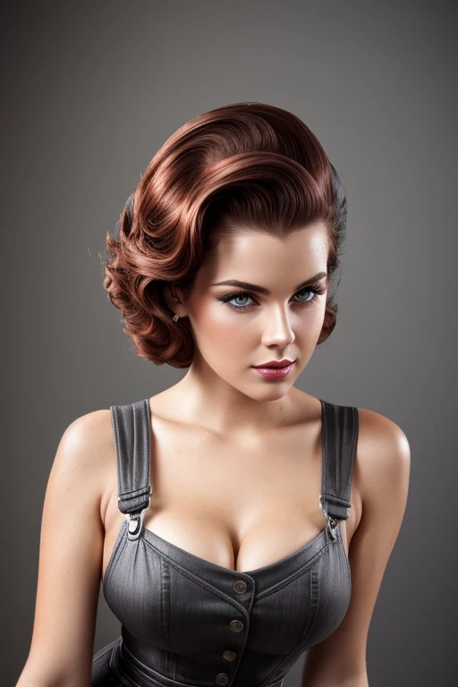 Gorgeous european woman with very short hair, short 50s pinup hair, wet hair, hair slicked back, combed straight back, slick hair, streaked auburn hair, seductive, 50s girl in overall on a bicycle, cleavage, vintage, solid dark grey background