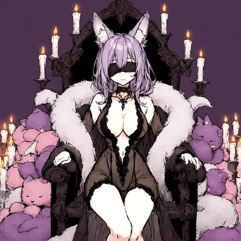 a sexy milf with a blindfold on, has very long purple hair, wearing fur lined sheer robe, breasts, showing cleavage, has fox ears, relaxing on a throne, surrounded by candles and soft multi colored fuzzy plushies