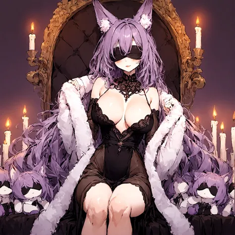 a sexy milf with a blindfold on, has very long purple hair, wearing fur lined sheer robe, breasts, showing cleavage, has fox ears, relaxing on a throne, surrounded by candles and soft multi colored fuzzy plushies