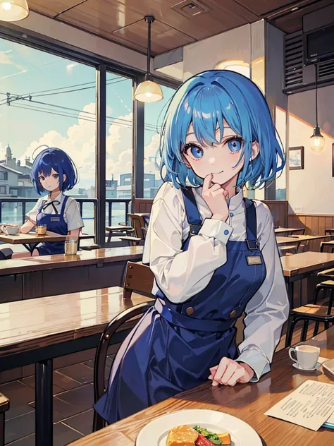 Inside the cafe、Two Girls、Cafe uniform、Blue Hair、Short Hair、Smile with your mouth closed、Highest品質, High definition, Ultra-fine, Highest_detailed