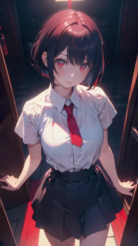 girl with short bob hair,Red eyes ,A shining heaven,Walking in heaven,A distant view