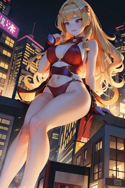 Giant Girl 50,000 feet high，Have a pair of long legs，Have a pair of huge breasts，Wearing a red bikini，Waist length blonde hair，Loose hair，Wear a pair of Mary Janes，Blonde curly hair，full of enjoyment，Staying put in a crowded city, vandalism，It seems to be ...