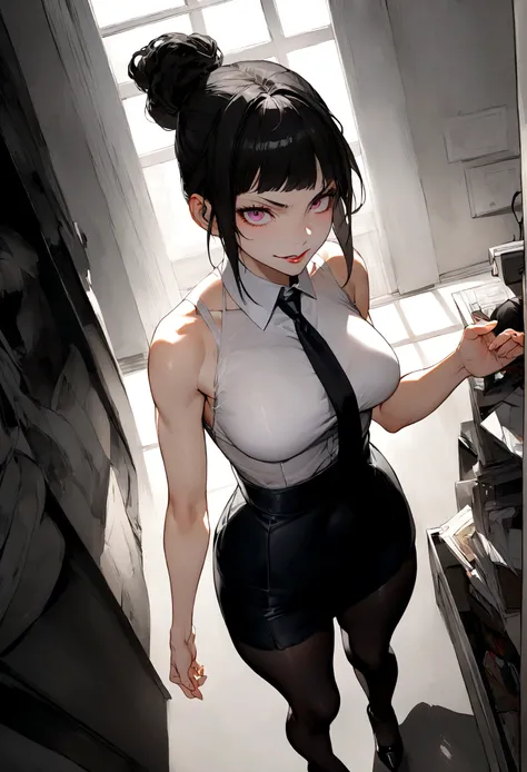 juri han, work of art, tight white secretary shirt with black tie, black high waist skirt, short skirt,stocking, black hair, black tights,evil smile,office,franja nos olhos,lighting,chifre de cabelos,view from above,olhando para baixop,visao de baixo
