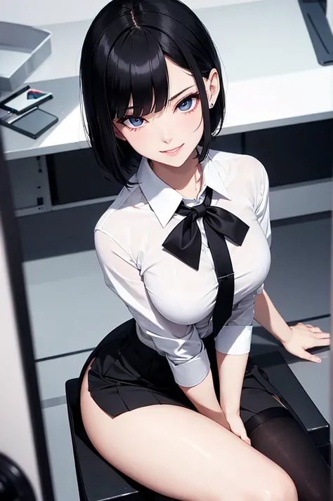 juri han, work of art, tight white secretary shirt with black tie, black high waist skirt, short skirt,stocking, black hair, black tights,evil smile,office,franja nos olhos,lighting,chifre de cabelos,view from above,olhando para baixo
