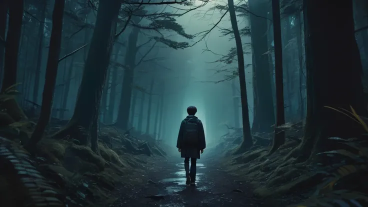 a boy walking in a dark haunting forest, doppelganger figure standing behind him observing, eerie atmosphere, anime style, dark moody color palette, cinematic lighting, highly detailed, high quality, photorealistic, masterpiece