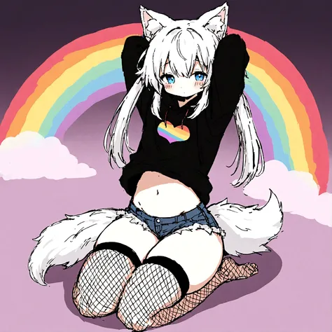 a cute adult male with wolf ears,long white hair with long locks, has a wolf tail, wearing a loose cropped oversized black hoodie, wearing a pair of denim short shorts and thigh high fishnet stockings, thick thighs, wide hips, relaxing on mound of fluffy m...