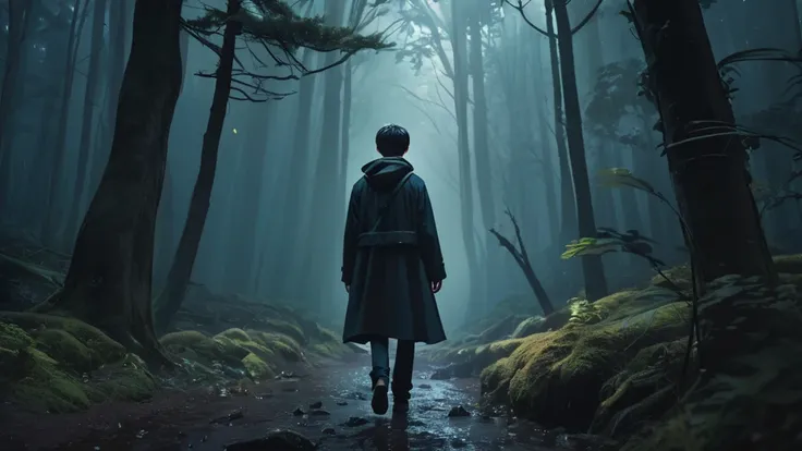 a boy walking in a dark haunting forest, doppelganger figure standing observing, eerie atmosphere, anime style, dark moody color palette, cinematic lighting, highly detailed, high quality, photorealistic, masterpiece