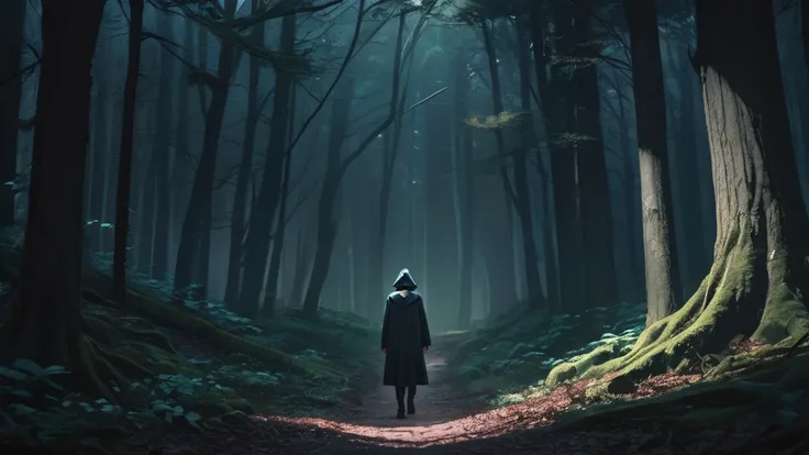 a boy walking in a dark haunting forest, doppelganger figure standing observing, eerie atmosphere, anime style, dark moody color palette, cinematic lighting, highly detailed, high quality, photorealistic, masterpiece