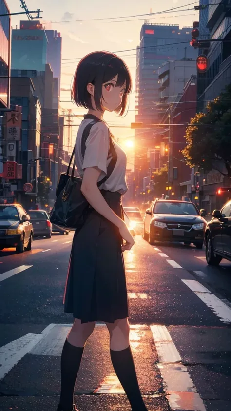 A shining sunset,sunset,Cars passing by on the road,Tokyo city,traffic jam,Girl 1 with short bob and red eyes is crossing the street