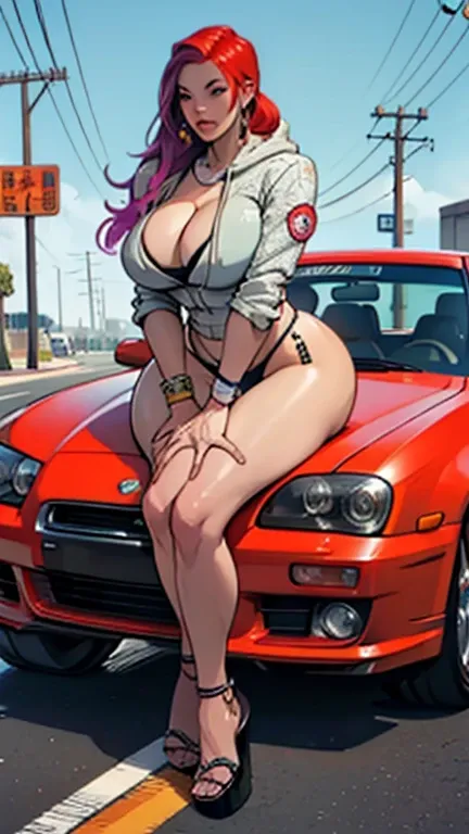 A woman (curvaceous, colossal cleavage:1.3, sexy) sitting on the hood of a car eating ramen, in the style of GTA V, vibrant colors, hyperrealism, intricately detailed, intricately textured