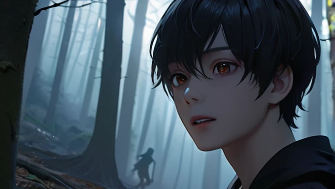 1 boy, silhouette of a boy, boy walking in a forest, doppelganger, doppelganger smiling, doppelganger with a horrifying expression, eerie atmosphere, chilling atmosphere, anime style, (best quality,4k,8k,highres,masterpiece:1.2),ultra-detailed,(realistic,p...