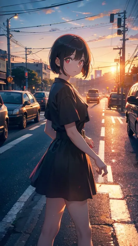 A shining sunset,sunset,Cars passing by on the road,Tokyo city,traffic jam,Girl 1 with short bob and red eyes is crossing the street,Top-down view