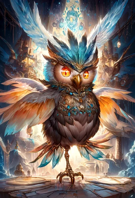 Cute and adorable Fantasy owl, Bird of Paradise, Sparrow, whole body, Shiny metallic jewelry depth, Neon eyes of glowing smoke, Frost Metal Lace, Fantasy, sunlight, Sunbeam, Intricate details. 8k, dream-like, Surrealism, So cute, Symmetric, Soft lighting, ...