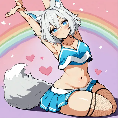 a cute adult male with wolf ears, white hair, has a wolf tail, wearing a blue cheerleader outfit and fishnet stockings, thick thighs, wide hips, relaxing on mound of fluffy multi colored kawaii plushies, short, very slim, showing slender tummy, stretching ...