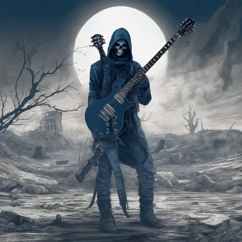 guitar player, playing guitar in hell with high contrast and skull head emitting fire, blue fire