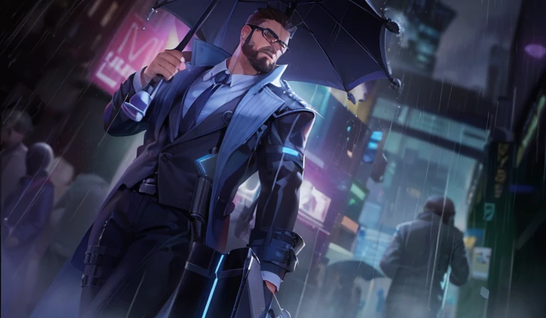 Male, muscular male, muscle, handsome man, beard, glasses, suit, tie, briefcase, umbrella, rain, coat