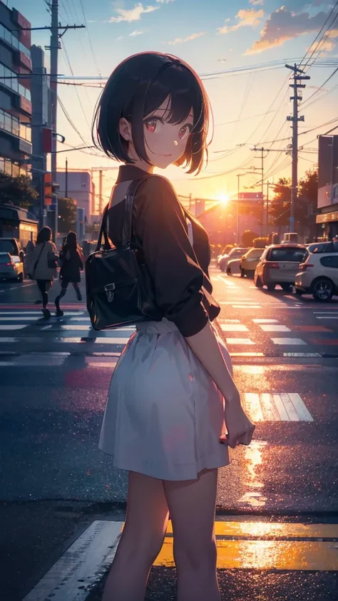 A shining sunset,sunset,Cars passing by on the road,Tokyo city,traffic jam,Girl 1 with short bob and red eyes is crossing the street,Top-down view,A girl far away,Rear view