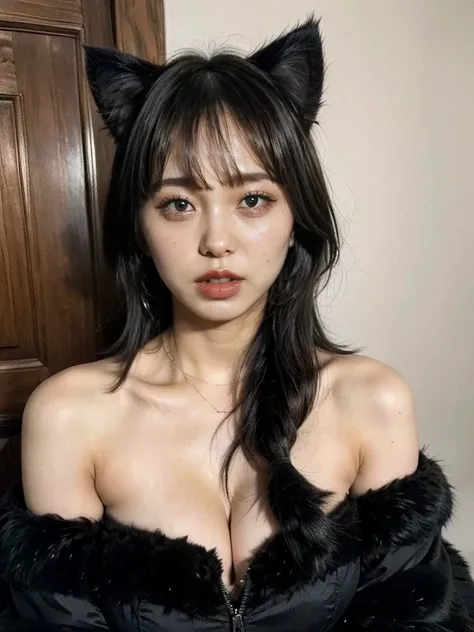 (black thema), ((wearing a fluffy fur costume:1.3)), ((off shoulder)), (cat ears:1.2), ((A cat&#39;s tail grows out of his butt:1.6)), highly detailed, (large breast:1.3), (bob cut), (very short hair:1.3), (black hair:1.3), (blunt bang:1.3), (garter belt1....