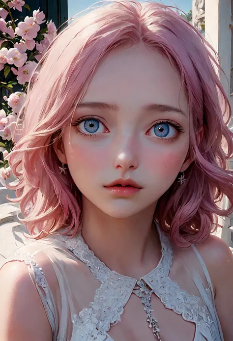 masterpiece, best quality, Super detailed, illustration, Beautiful and delicate eyes, close up, 1 girl, Pink Hair, White Dress, Villa entrance, permanent, Face down