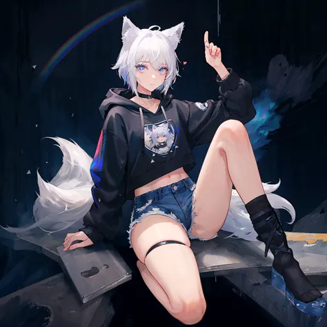 a cute adult male with wolf ears, white hair, has a wolf tail, wearing a loose cropped oversized black hoodie, wearing a pair of denim short shorts and fishnet stockings, thick thighs, wide hips, relaxing on mound of fluffy multi colored kawaii plushies, s...